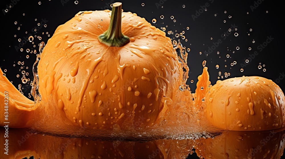 Poster a group of oranges with water splashing on them. generative ai