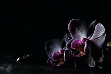 Black background with an orchid. Generative AI