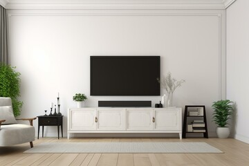 3D rendering of a white-walled room with a TV cabinet and display. Generative AI