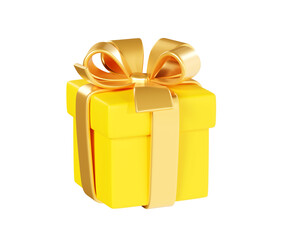 Yellow gift box with golden ribbon and bow 3d render illustration