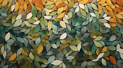  a painting of leaves on a wall with yellow and green colors.  generative ai