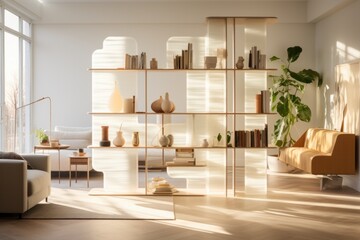 A minimalist-inspired room divider combines translucent acrylic panels and floating shelves, seamlessly blending storage and separation. Generative AI