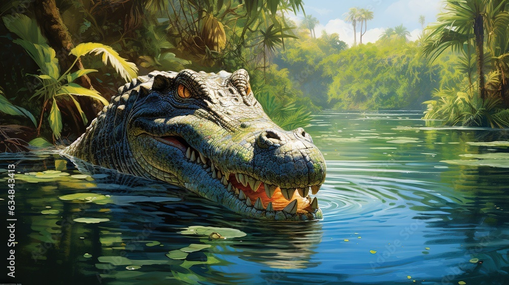 Poster a painting of a crocodile swimming in a river with trees in the background. generative ai