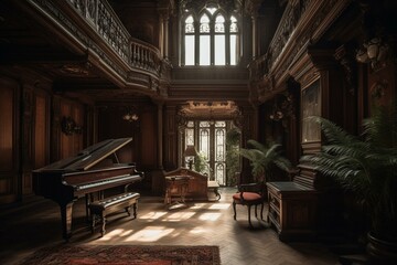 Fototapeta na wymiar A castle with a piano, fireplace, and music room featuring a blend of baroque and art nouveau styles. Generative AI