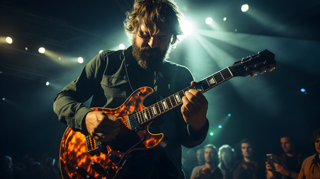 A rock band is performing on stage. Guitarist, bass guitar and drums. The guitarist is in the foreground. Close up