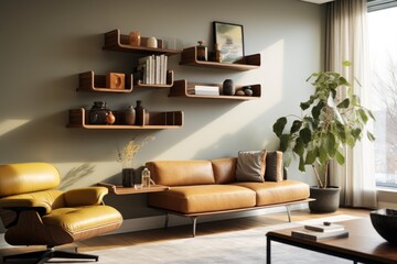 Floating shelves adorned with decorative elements grace a modern living room, serving as an imaginative partition and an artful focal point. Generative AI