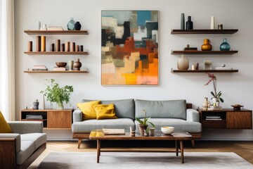 Floating shelves adorned with decorative elements grace a modern living room, serving as an imaginative partition and an artful focal point. Generative AI