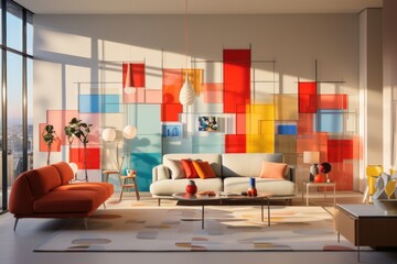 Bright and lively, a color block partition wall playfully separates areas while infusing the room with vibrant pops of contrasting hues. Generative AI