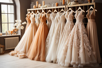 woman's pastel wedding dresses in wardrobe in bedroom.