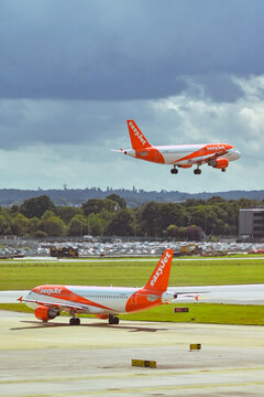 London, England, UK - 1 August 2023: Passenger plane operated by budget airline easyjet waiting to take off at London Gatwick airport