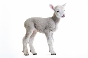 Cutout of a young sheep lamb looking at the camera on a white backdrop. full length side view of the body idea of innocence and giving something up. nobody is present. a space bar