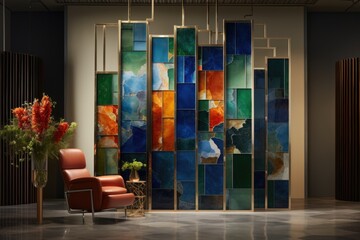 A mosaic-inspired room divider features a symphony of colors and textures, doubling as an artistic masterpiece and spatial separator. Generative AI
