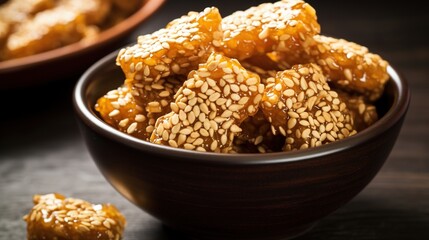  a bowl full of sesame seed tofus next to a bowl of sesame seed tofus.  generative ai