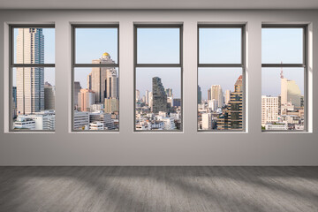 Empty room Interior Skyscrapers View Bangkok. Downtown City Skyline Buildings from High Rise Window. Beautiful Expensive Real Estate overlooking. Day time. 3d rendering.