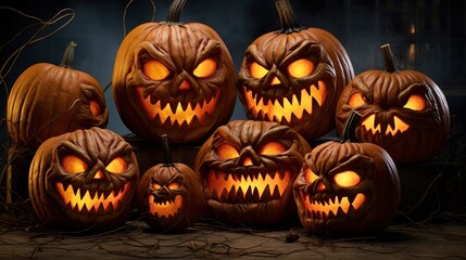  a group of carved pumpkins with glowing eyes and mouths.  generative ai