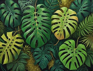 Graphic portrayal of a tropical green foliage arrangement composed of Monstera, fern, and Eucalyptus leaves, accented with gold glitter particles. Created with generative AI tools
