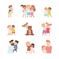 Little Kids Hugging Dad and Friends Feel Happy Vector Set