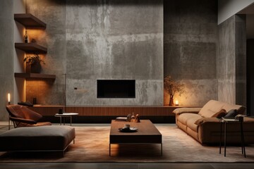 Bold architectural details take center stage in the home front wall design, featuring a textured concrete finish and dramatic lighting accents. Generative AI