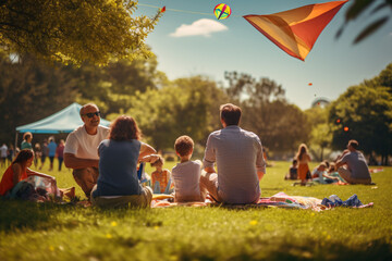 Quintessential Labor Day family picnic in a lush park complemented by fluttering kites and the aroma of barbeque