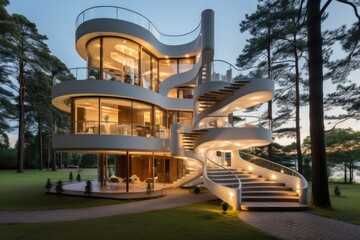 Fototapeta na wymiar A contemporary masterpiece unfolds with a sculptural staircase that spirals around the home front, adding architectural flair to the facade. Generative AI