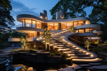Fototapeta premium A contemporary masterpiece unfolds with a sculptural staircase that spirals around the home front, adding architectural flair to the facade. Generative AI