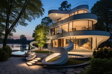 Obraz na płótnie Canvas A contemporary masterpiece unfolds with a sculptural staircase that spirals around the home front, adding architectural flair to the facade. Generative AI