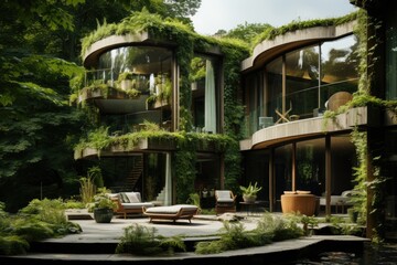 A harmonious blend of nature and design unfolds with a living green wall that spans the height of the house front, adding a touch of eco-friendly luxury. Generative AI