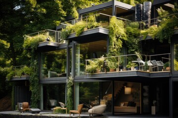 A harmonious blend of nature and design unfolds with a living green wall that spans the height of the house front, adding a touch of eco-friendly luxury. Generative AI