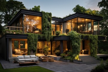 A harmonious blend of nature and design unfolds with a living green wall that spans the height of the house front, adding a touch of eco-friendly luxury. Generative AI