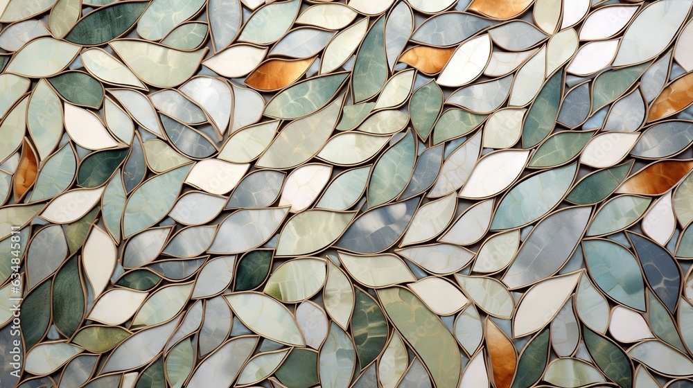 Poster a close up view of a mosaic tile wall with leaves on it. generative ai