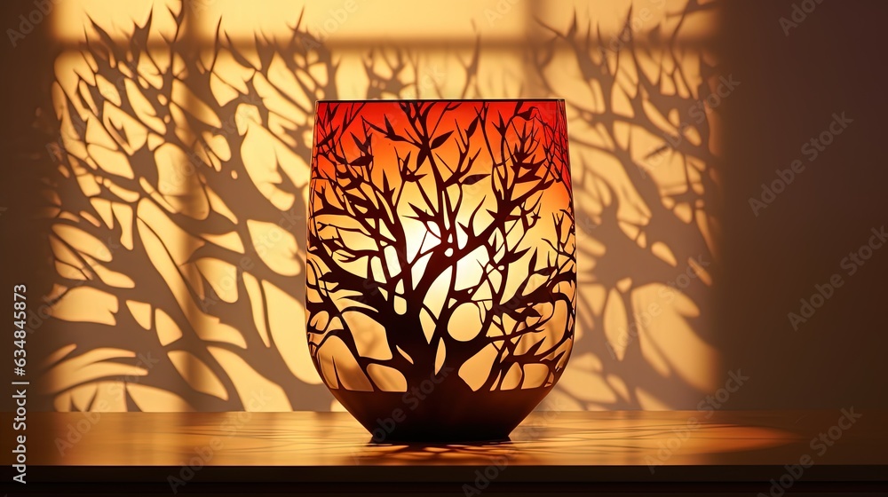 Poster a vase with a tree design on it sitting on a table. generative ai
