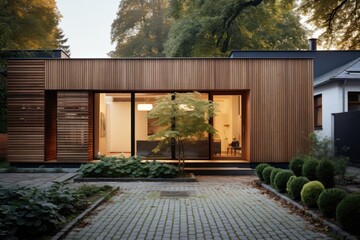 A contemporary twist is added to tradition with a wooden slat screen that complements the clean lines of the house exterior, enhancing privacy and aesthetics. Generative AI