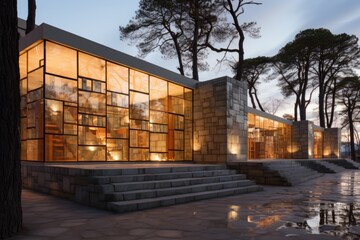 Obraz premium A sense of movement and rhythm is achieved as the home front wall design showcases alternating bands of concrete and glass, creating a captivating visual rhythm. Generative AI