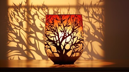 Fototapeta na wymiar a vase with a tree design on it sitting on a table. generative ai