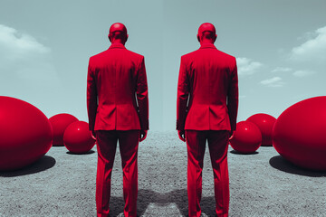 Hommes en rouge de dos, debout dans un champ de boules rouges, image surréaliste - Générative IA - obrazy, fototapety, plakaty