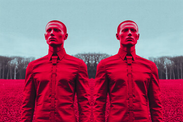 Hommes  en rouge debout dans un champ rouge - Générative IA - obrazy, fototapety, plakaty