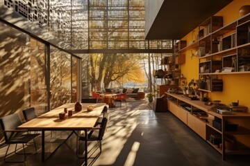 Fototapeta premium A dramatic play of light and shadow emerges with a perforated metal screen that envelops the home front, casting intriguing patterns throughout the day. Generative AI