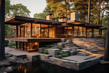 Fototapeta na wymiar A fusion of materials defines the modern house front elevation design, with a combination of stone, wood, and glass exuding a multi-dimensional charm. Generative AI