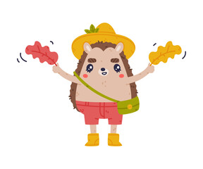 Cute Hedgehog Character in Hat and Shorts Stand with Autumn Leaf Vector Illustration