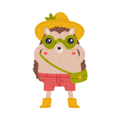 Fototapeta premium Cute Hedgehog Character in Hat and Shorts Watching Binoculars Vector Illustration