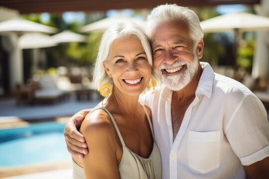 pareja de seniors de mas de 60 años abrazados en el exterior de un resort con piscina, disfrutando de su retiro y su jubilacion