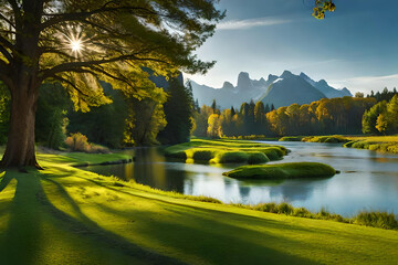 Beautiful river mountain forest. Landscape sharp mountains river bank and pines. Generative AI