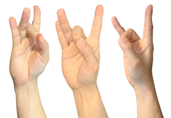 Hand in Aakash Mudra spiritual praying pray symbols shape on transparent background cutout, PNG file. Mockup template for artwork design. 3 angle perspective. Sign gestures concept