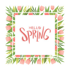 Hello Spring Banner Design with Blooming Garden Flower Vector Template