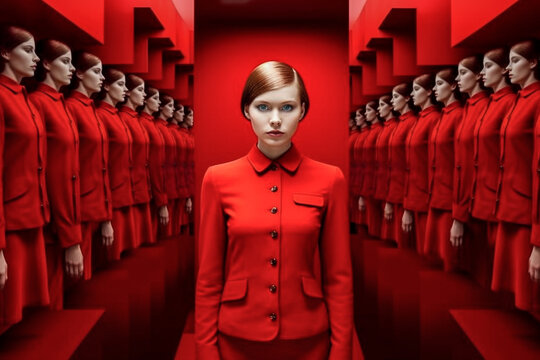 Femme en rouge dont l'image se refl&egrave;te ind&eacute;finiment - G&eacute;n&eacute;rative iA