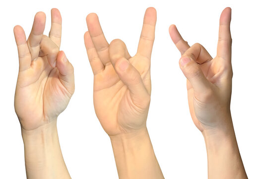 Hand in Aakash Mudra spiritual praying pray symbols shape on transparent background cutout, PNG file. Mockup template for artwork design. 3 angle perspective. Sign gestures concept