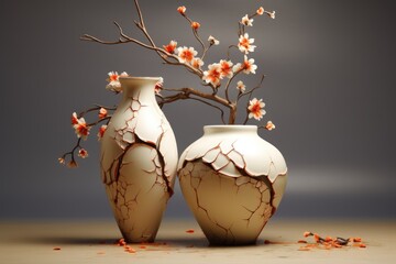 Two white broken vases with orange and white flowers.