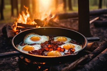 Campfire breakfast with eggs and bacon cooked in a skillet.