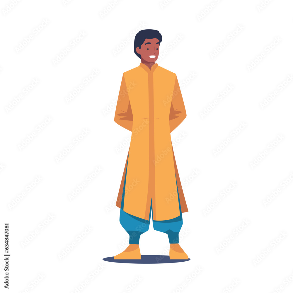 Poster happy hindu man character in national costume in standing pose vector illustration