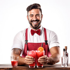 Bartender men is making red margarita cocktail happy smiling laughing isolated on a white background